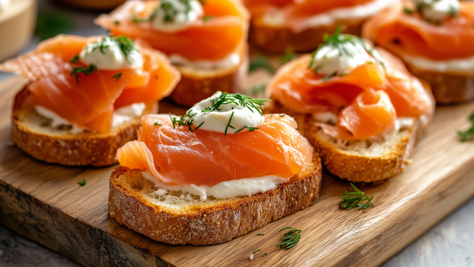 Gindo's Smoked Salmon Crostini with Jalapeno Poblano cream spread and fresh dill