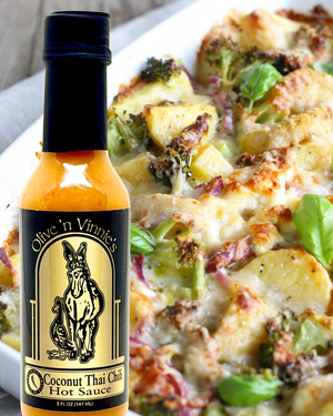 Coconut Thai Chili Hot Sauce with cheesy broccoli potato bake