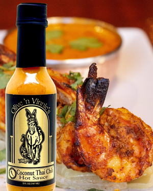 Coconut Thai Chili Hot Sauce drizzled over Thai coconut shrim