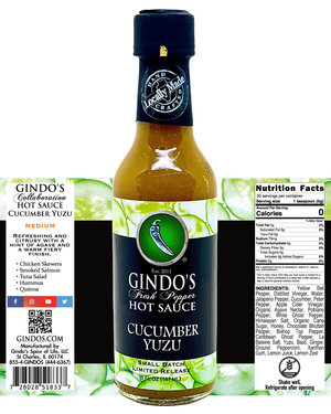 A bottle of Gindo's Fresh Pepper Hot Sauce in the Cucumber Yuzu flavor, shown with its front label, side ingredient panel, and back nutrition panel on a white background.