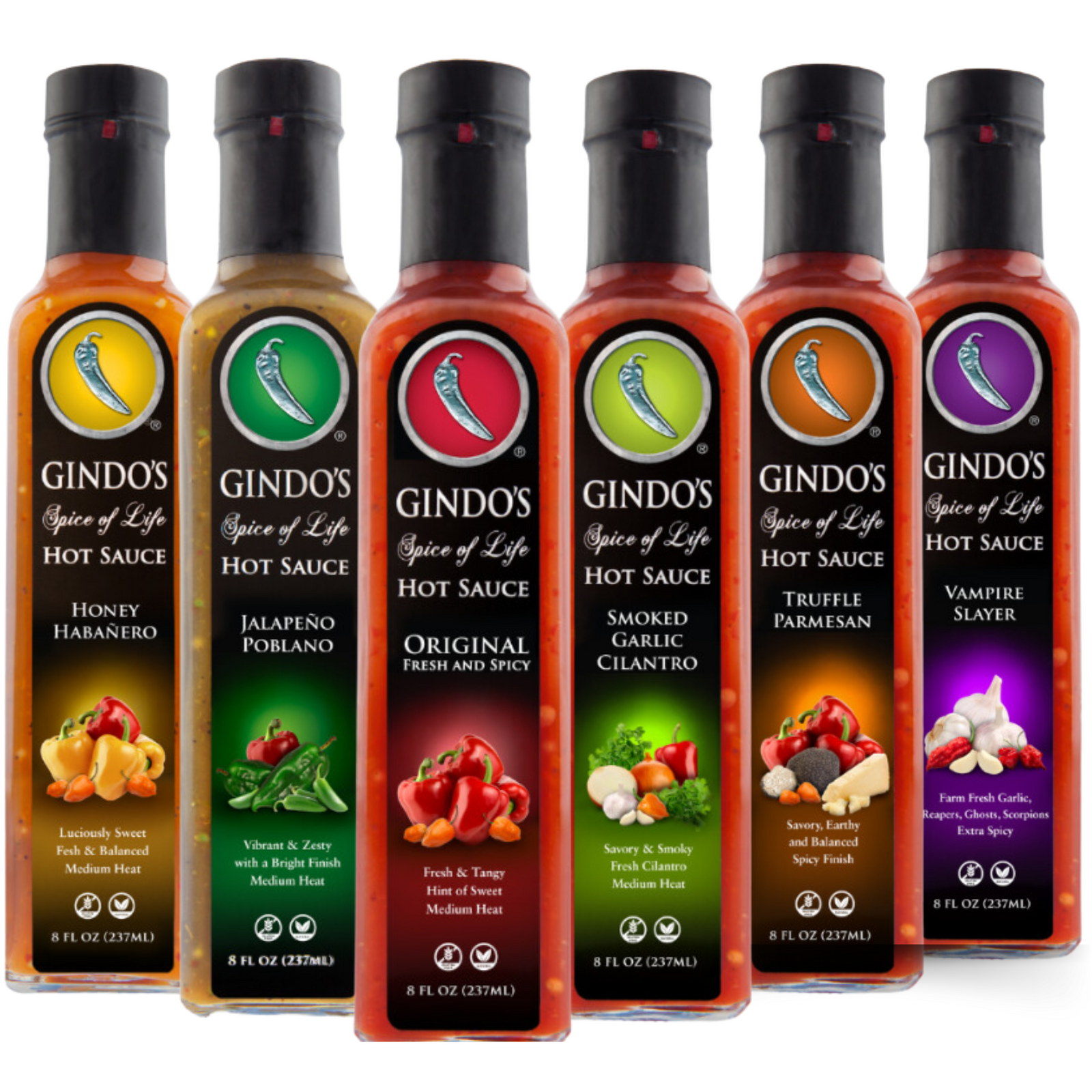 Gindo's Hot Sauce Bundle - 6 Pack. Includes Gindo's Original Fresh & Spicy, Jalapeno Poblano, Honey Habanero, Smoked Garlic Cilantro, Truffle Parmesan, Vampire Slayer. A delicious and diverse variety of flavors to start your culinary journey. 