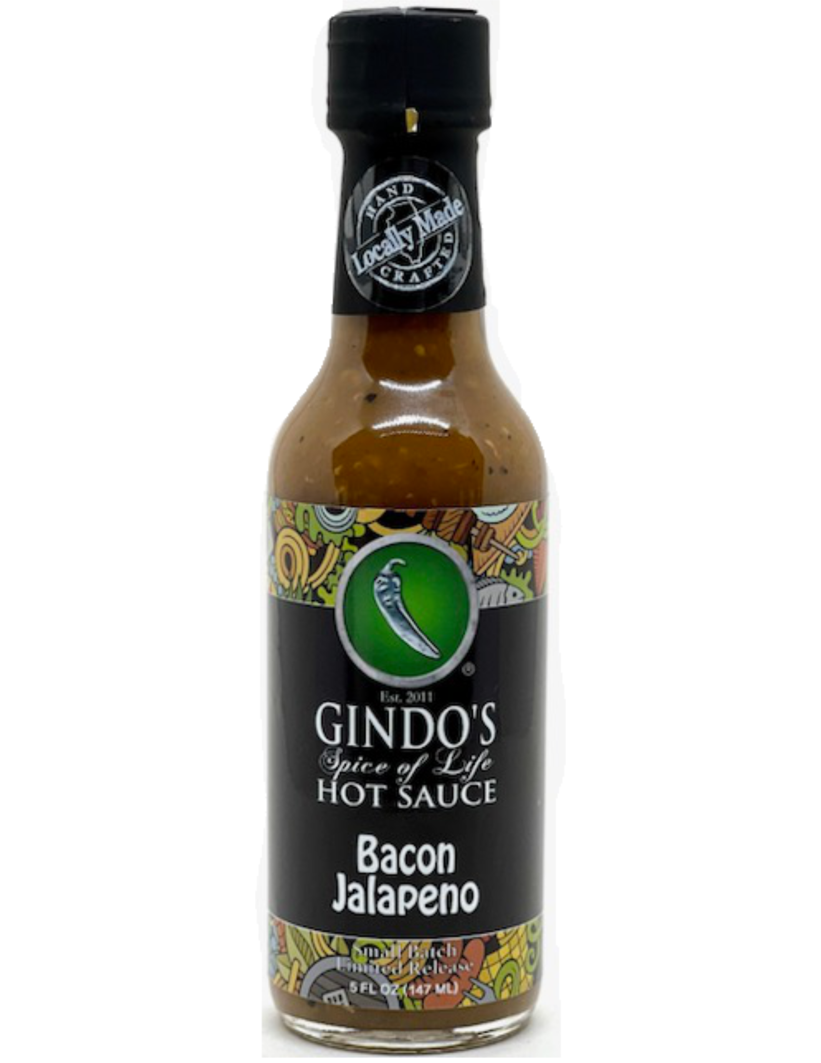 A bottle of Gindo's Bacon Jalapeno hot sauce with a label showing the product name and a bacon slice illustration. The cap is black, and the bottle contains 5 fl oz of sauce.