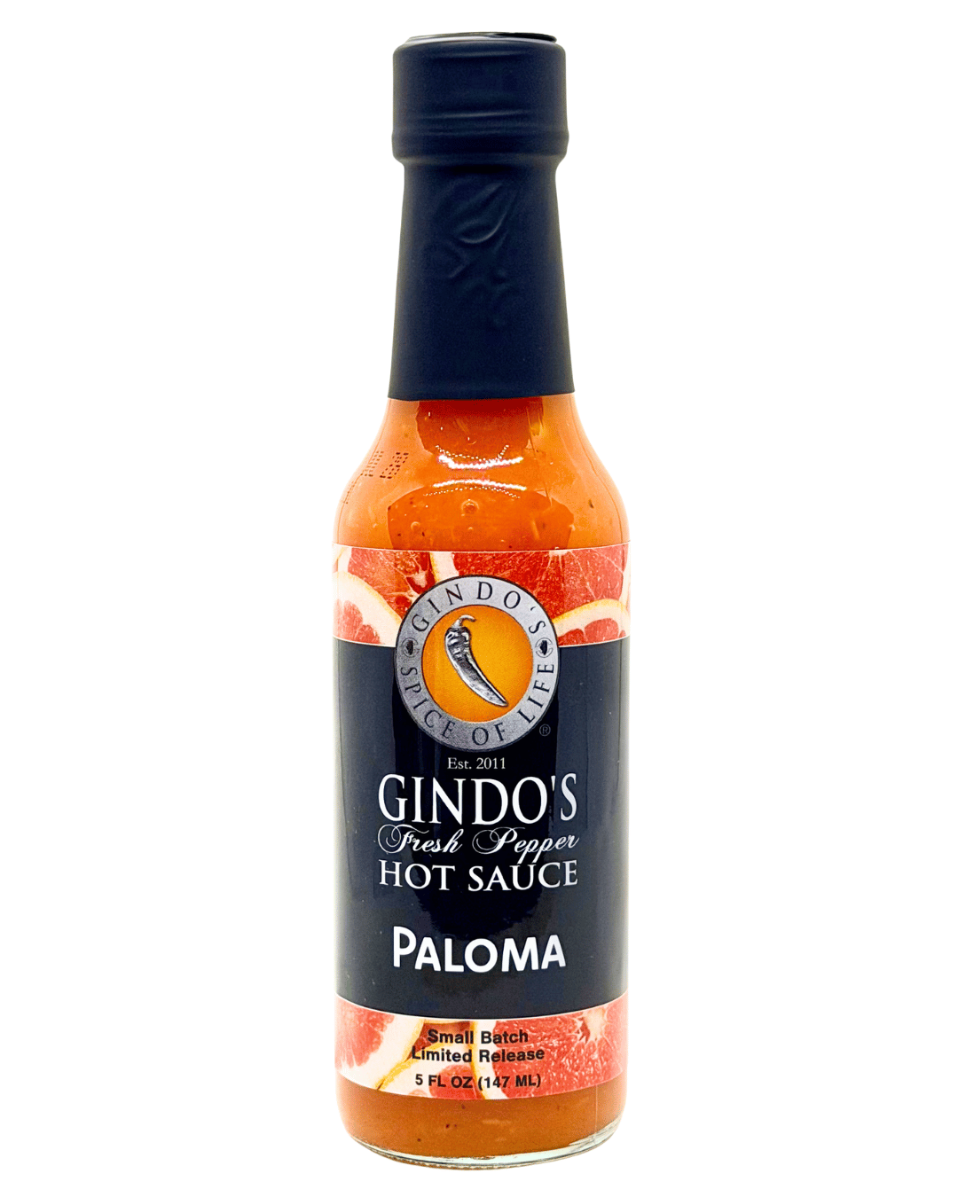 A 5 fl oz bottle of Gindo's Fresh Pepper Hot Sauce in the Paloma variety, featuring a black cap and a black label with red and orange accents, set against a plain white background.