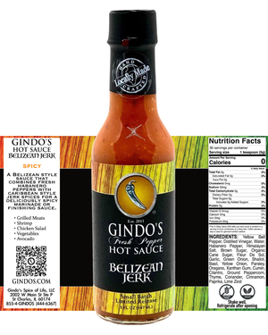 Bottle of Gindo's Belizean Jerk hot sauce with label and ingredients list on a white background