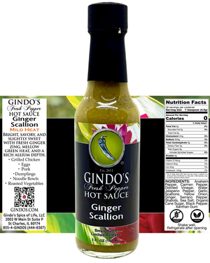 Gindo's Fresh Pepper Hot Sauce Ginger Scallion bottle with label and nutritional information on a white background