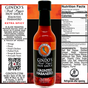Gindo's Haunted Habanero hot sauce label with product details and nutrition facts.