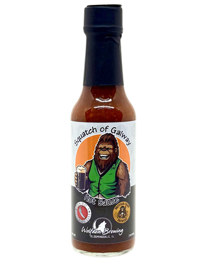Hot sauce bottle with a bear graphic and text on a white background