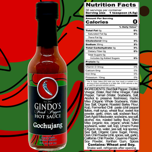 Bottle of Gindo's Hot Sauce with nutrition facts label on a colorful background