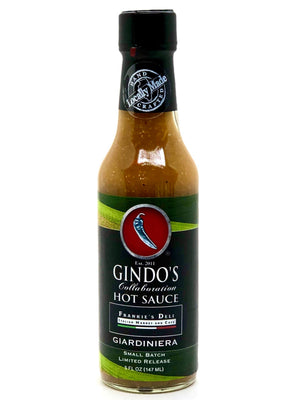 Bottle of Gindo's Hot Sauce on a white background