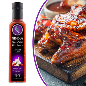 Gindo's Vampire Slayer Hot Sauce featuring fresh garlic, Carolina Reaper, Ghost Pepper, Scorpion Pepper, and red bell peppers for bold flavor and extra spicy heat.