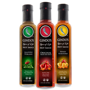 Gindo's Original Hot Sauce Gift Box featuring Gindo's Original Fresh and Spicy, Jalapeno Poblano and Honey Habanero pepper sauces.